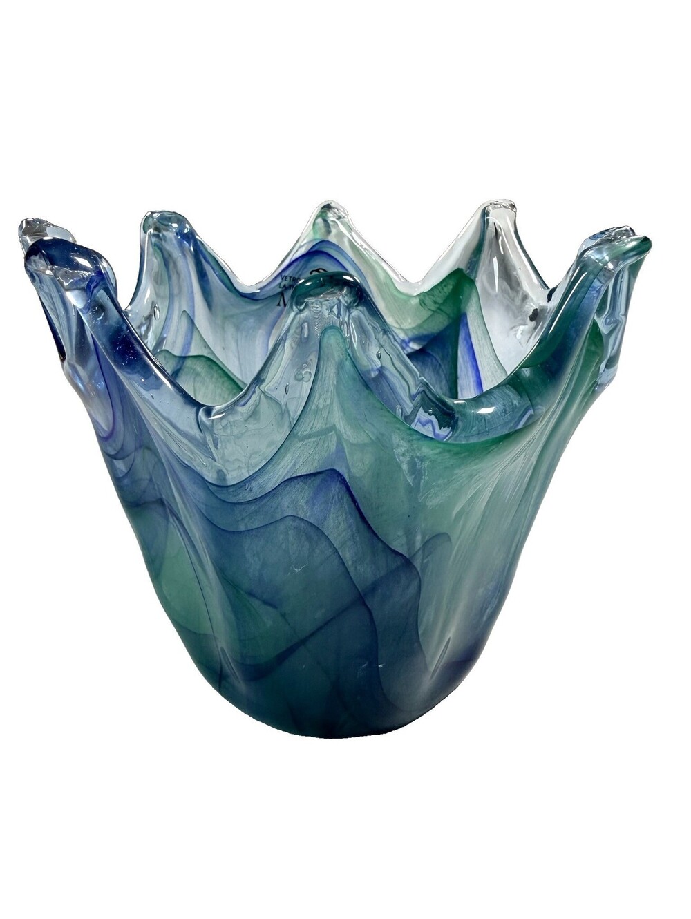 Murano Italian Art Glass Vase Made in Italy Hand Blown Blue Green 5.5” Scalloped